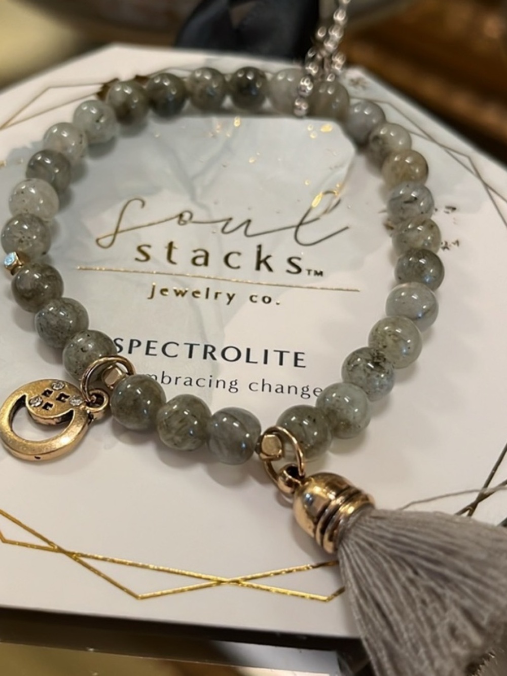 Green Gray Semi Precious Stone Stretch Bracelet